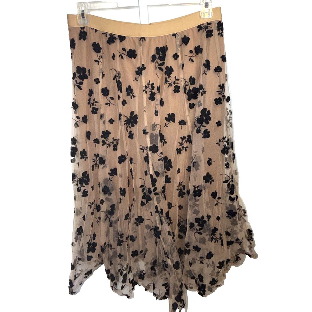 Chicwish Midi Black Velvet Floral Over Nude Tulle Skirt Fairycore Whimsygoth XL